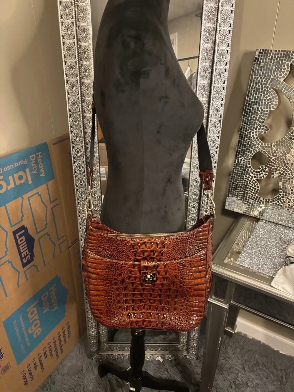 💕Brahmin Croc-Embossed Brown‎ Leather Crossbody Bag